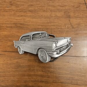 Vintage ‘57 Chevy Bel Air Belt Buckle 1979 Bergamot Brass Works Silver Tone USA